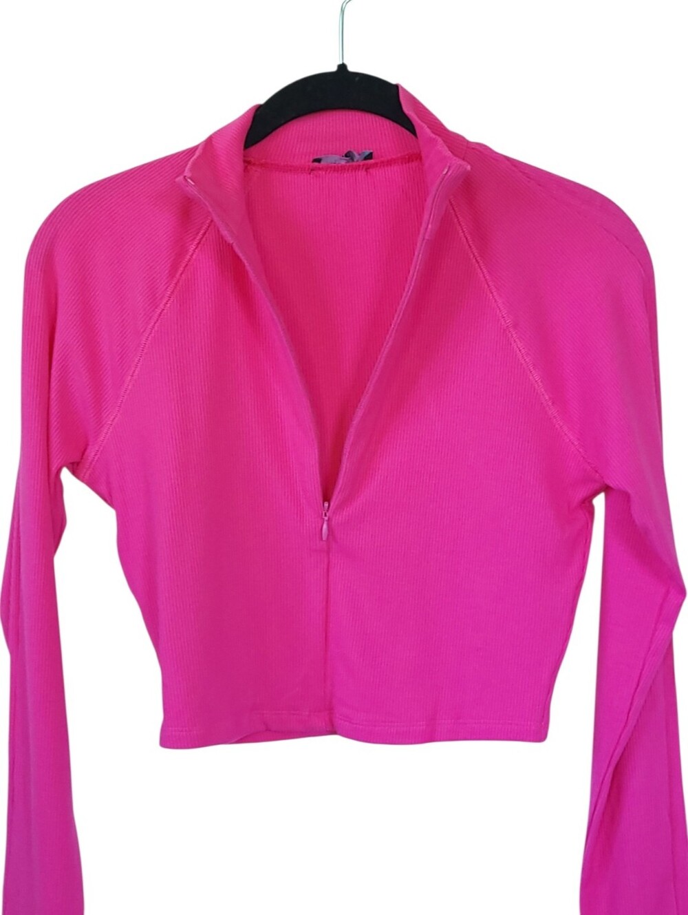Naked Wardrobe NWOT Hot Pink Ribbed 1/2 Zip Crop Mock Neck Top Y2K Baddie L - Picture 2 of 12